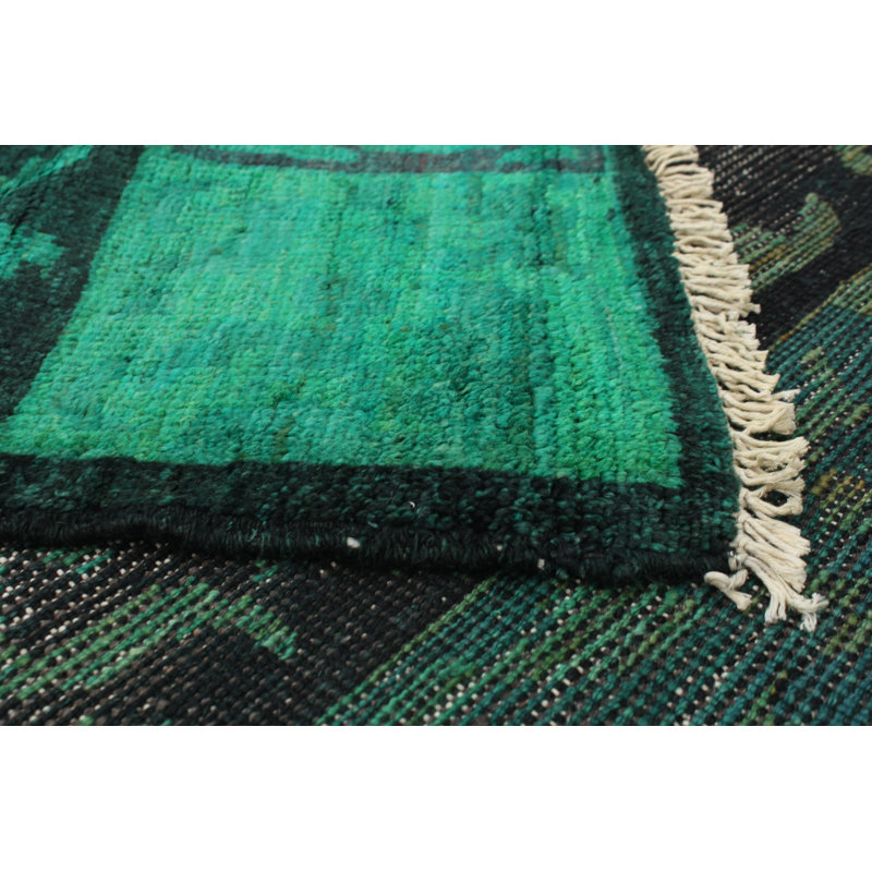Tapis unique en laine noué à la main de style transitionnel sarcelle / noir des années 2010 de 9 pi 1 po x 11 pi 7 po Aneeta