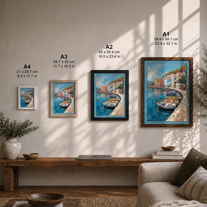 Mediterranean Harbour Coastal - Framed Print, A1 - 84.1 x 59.4 cm, White