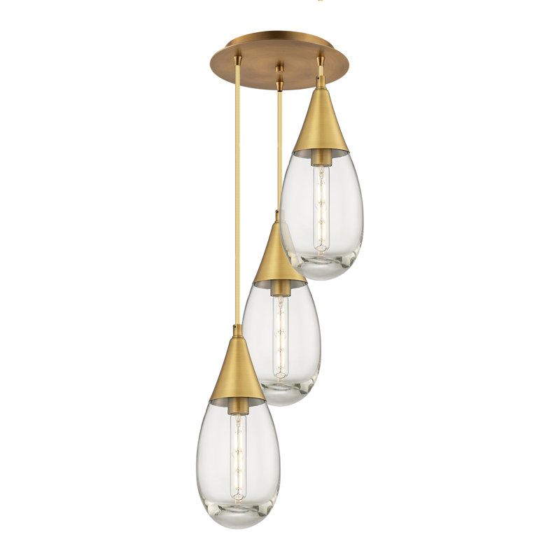 Luminaire suspendu grappe à 3 lumières Sonny, Laiton brossé, Transparent