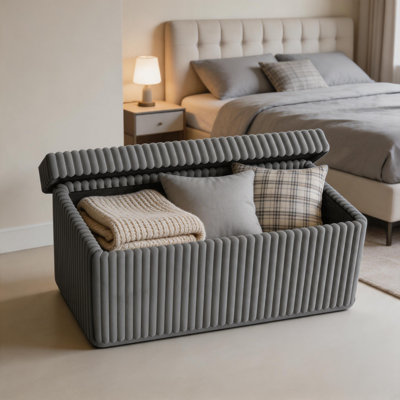 Gray Corduroy Foldable Storage Ottoman With Side Pockets, For Entryway And Living Room