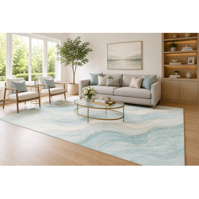 Grand tapis à vagues fluides bleu poudre et crème 6 pi 7 po x 9 pi 10 po pour salon, tapis à poils courts et doux avec envers antidérapant pour la chambre à coucher, la salle à manger et le bureau