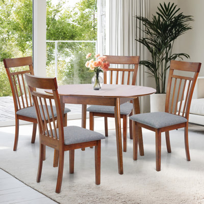 Dining Table Set for 4, Classic Style Solid Wood Warm Chairs w Extendable Round Table, Kitchen Room Set, White Color w Gray Fabric