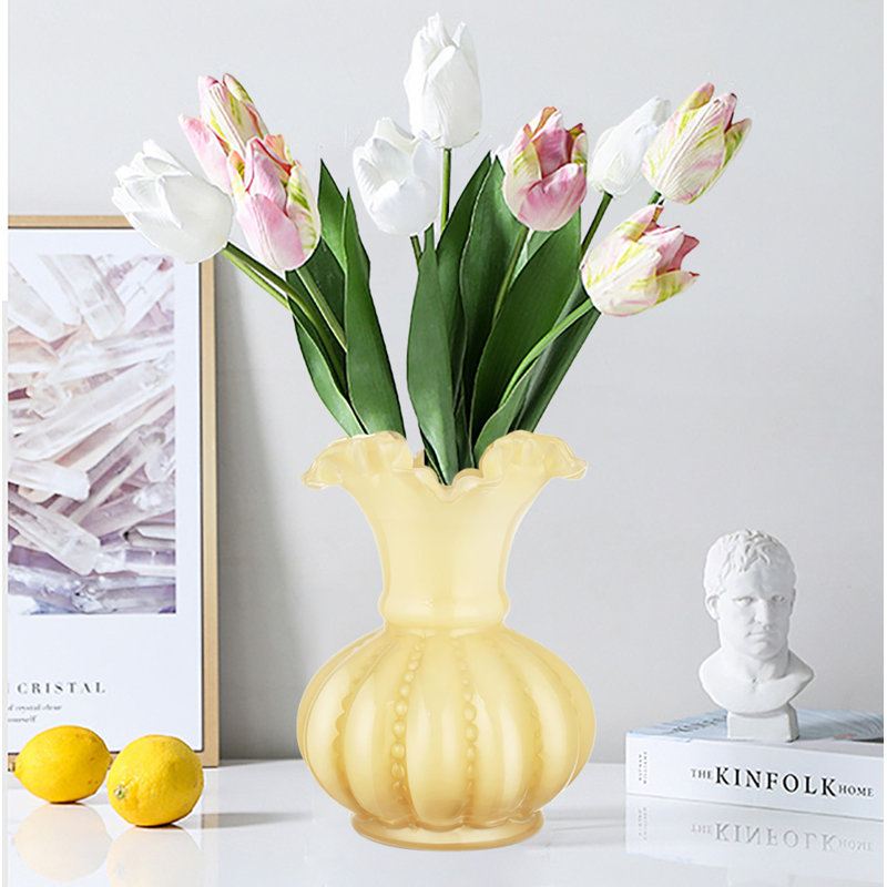 Handmade Glass Flower Vase, Vintage Decorative Vase, Yellow