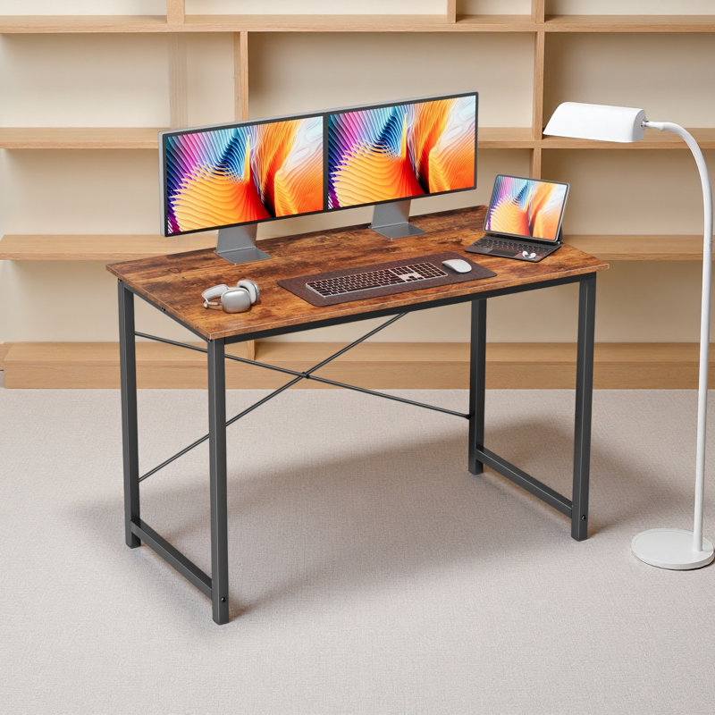 Computer Office Desk for Small Spaces, Writing Gaming Work Desk Modern Kids Study Table with Storage Bag, brown/Black