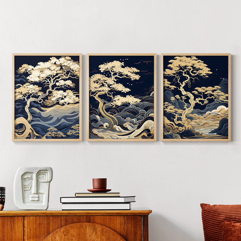 Lanscape Study  Series  XLI  -Set Of 3 Framed Giclee Prints -Ready to Hang, 10" H x 8" W, Natural Framed