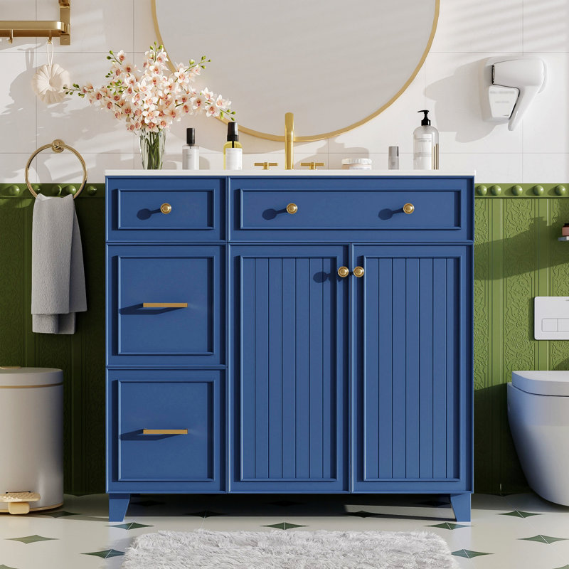 Meuble-lavabo avec lavabo, armoire de salle de bain avec portes à fermeture douce, tablettes réglables, Bleu