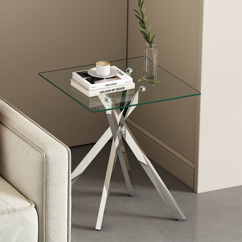 Table de bout carrée en verre large de 17,7 po Jensy, Argent