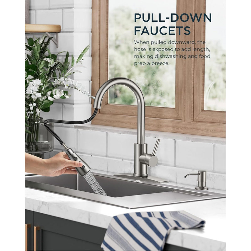 Stainless Steel Pull-Down Kitchen Faucet – High Arc, 3 Modes, with Soap Dispenser, No Sensor, Stainless Steel