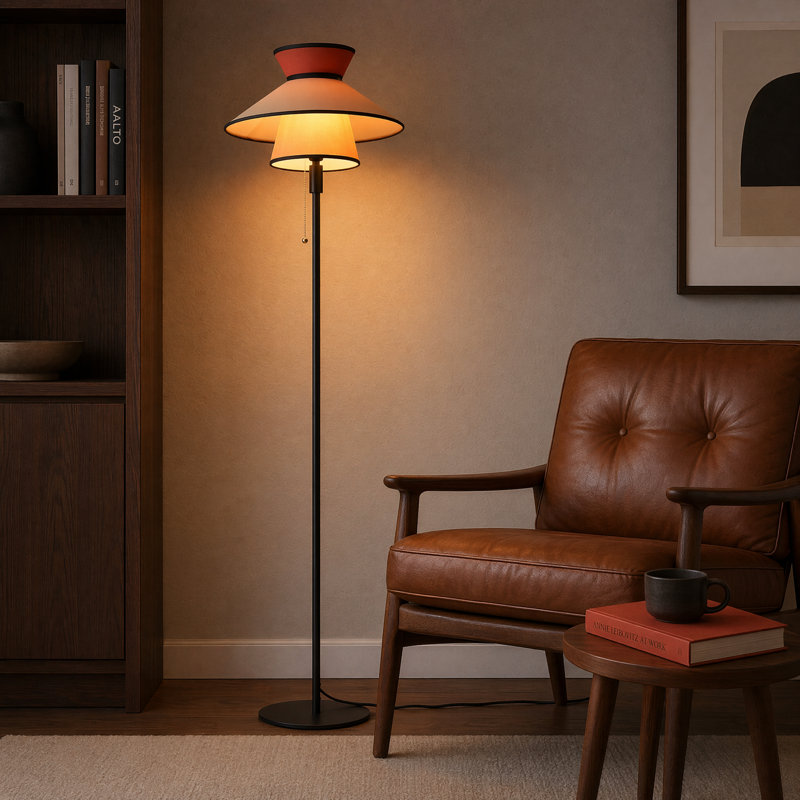 Lampe sur pied Mid-Century moderne avec double abat-jour en tissu, interrupteur à chaîne et base noire - Compatible avec ampoule E26