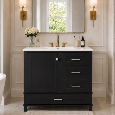36" Black Solid Wood Frame Bathroom Vanity with Sink, Modern Cabinet Combo Set with 3 Soft-Close Drawers & 1 Soft-Close Door for Bathroom Storage