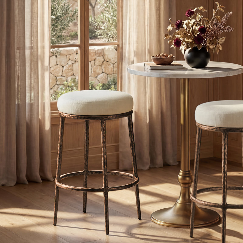 26.5" Modern Glam Backless Counter Height Bar Stool with Hand-Hammered Metal Legs and Linen-Blend Upholstered Seat