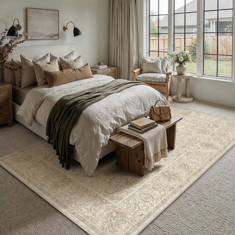 Tapis Elara Vintage Floral lavable à la machine avec envers antidérapant, Rectangle 6 pi x 9 pi, Beige