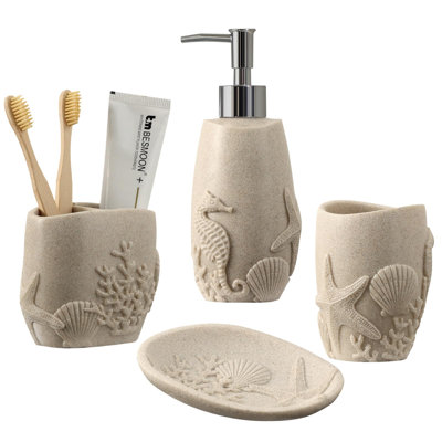 Bathroom Accessories Set, 4 PCS, Sea Bathroom Decor, Sandstone Look Beige | Ocean Theme,With 10OZ Soap Dispenser, Toothbrush Holder, Tumbler, Soap Dish, For Bathroom Countertop Organizer