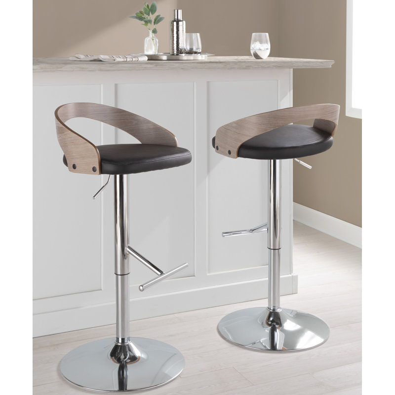 Adjustable Black PU and Grey Wood Swivel Barstool with Chrome Base