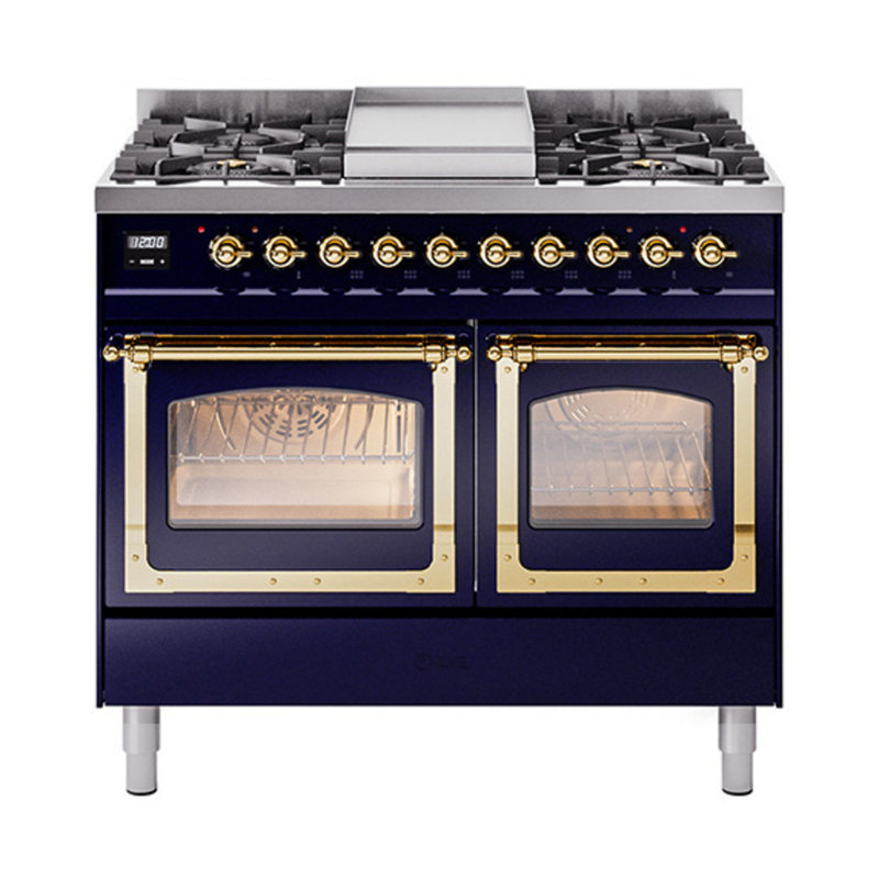 ILVE Nostalgie II Series Noblesse 40 inch Dual Fuel Range with 6 Sealed Burners, Griddle (Glass Door), Midnight Blue/Brass