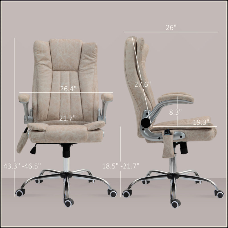 Fauteuil de bureau à haut dossier avec massage par vibration et fauteuil chauffant Leathaire avec accoudoirs rabattables, roues pivotantes et hauteur réglable, blanc crème