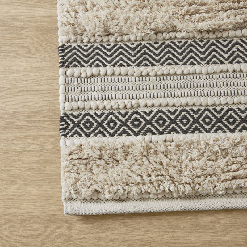 Nordic Shaggy Beige and Black Cotton Blend Bathroom Rug