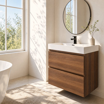 Ensemble de meuble-lavabo 24 po avec lavabo sous comptoir, 2 tiroirs à fermeture en douceur, meuble-lavabo en bois d'ingénierie à finition brune pour petite salle de bain