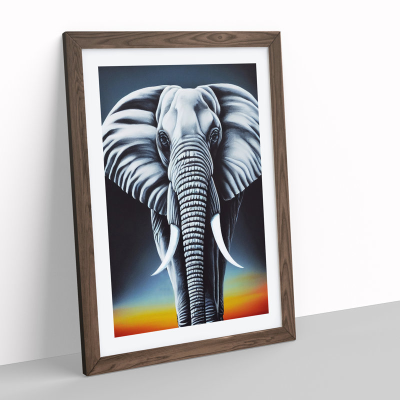 Elephant At Sunset - Single Picture Frame Print, 64cm H x 46cm W x 2cm D, Walnut Framed