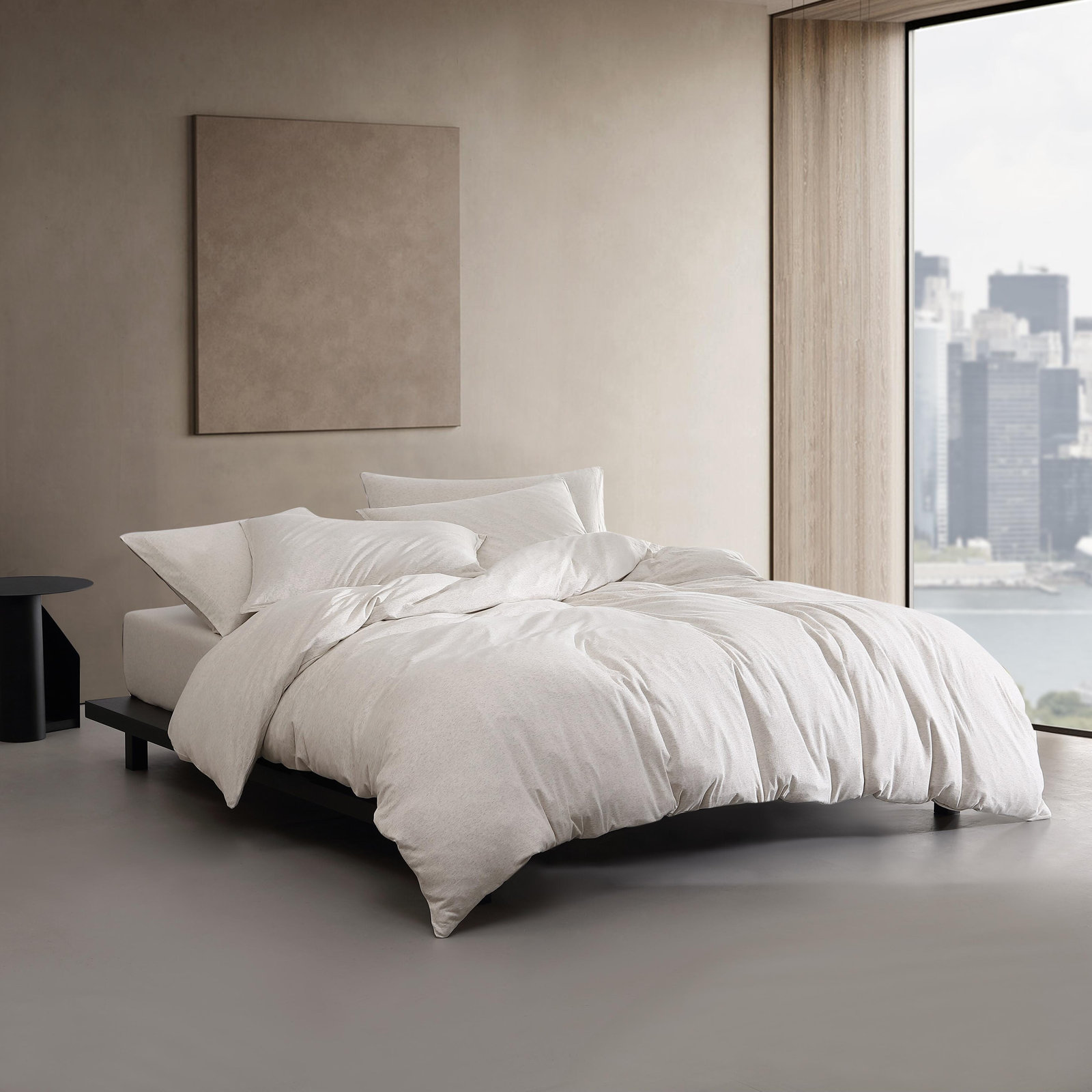 Modern Cotton Melange Comforter Set, Queen Comforter +  2 Standard Shams, Ivory/Gray