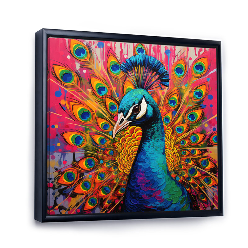 Bleu sarcelle, Pop Art, paon - paon, art mural sur toile, Cadre flottant noir, H 16 po x l 16 po x P 1 po