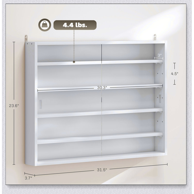 Vitrine murale à 5 niveaux avec 2 portes en verre et tablettes réglables, parfaite pour mettre en valeur des objets de collection et rehausser le décor de la pièce.