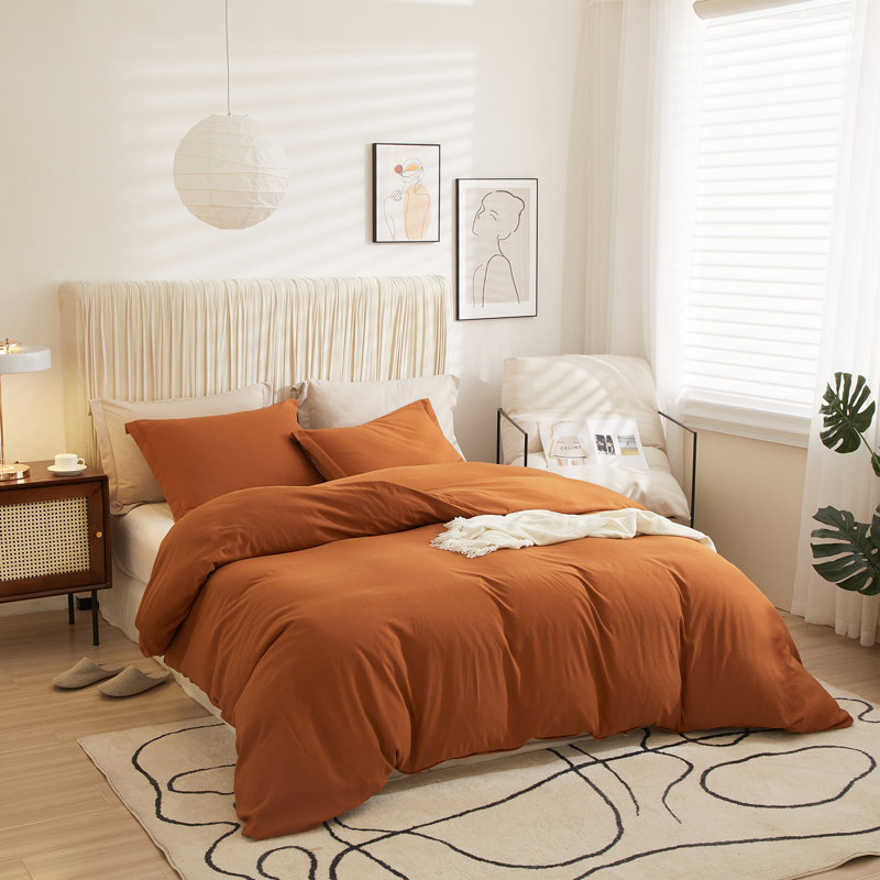  Breathable Washed Microfiber Duvet Cover Set, Queen Duvet Cover + 2 Standard Shams, Brunt Orange