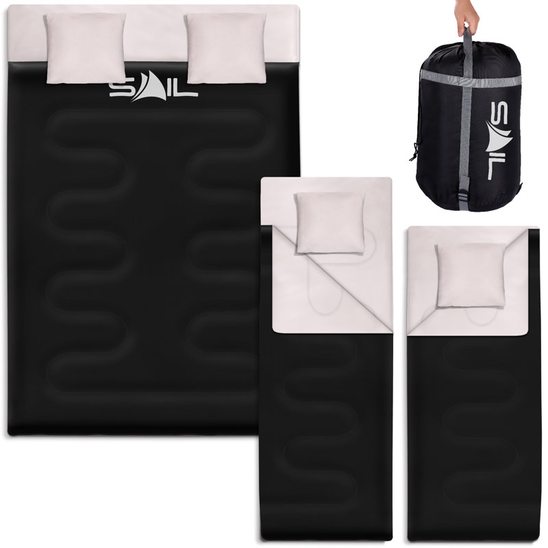 SAIL Double Sleeping Bag with 2 Pillows for 3-4 Season (250gsm), Black