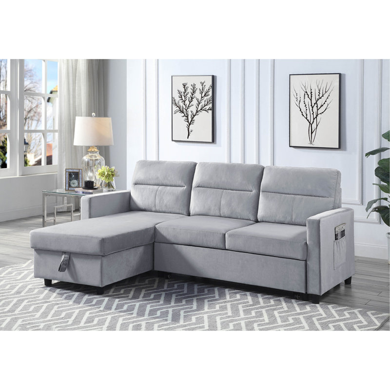 Canapé-lit modulaire réversible en velours gris clair de 81,5 po avec méridienne et rangement, Velours gris clair