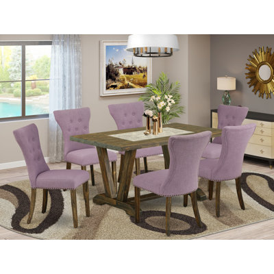 7-Piece Dining Set a beautiful Distressed Jacobean Small Table top and 6 Wonderful Kitchen chairs with Nail Heads and Button Tufted, Distressed Jacobean Finish