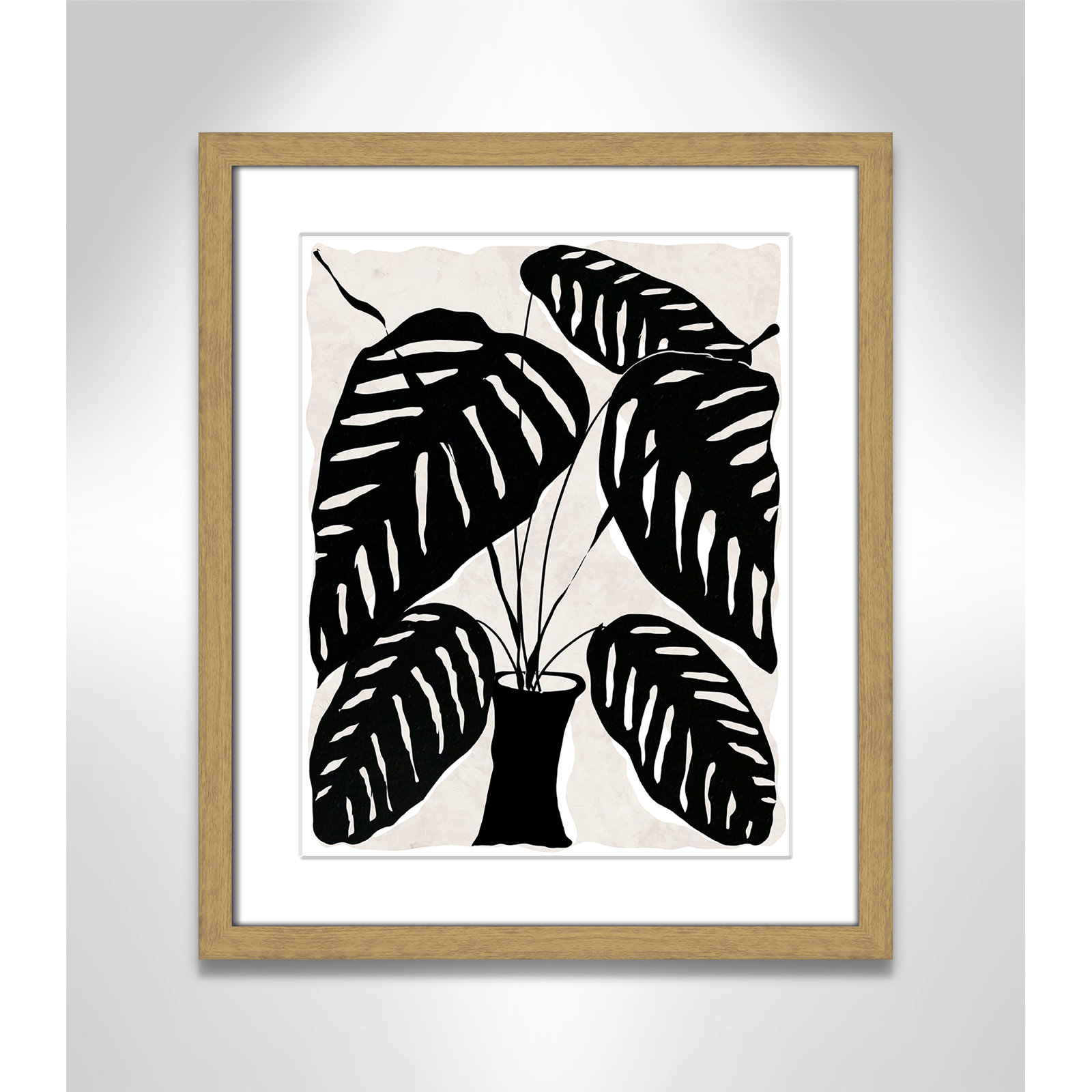 Black and White Potted Plant I Print, 19" H x 16" W x 0.75" D, Natural Framed