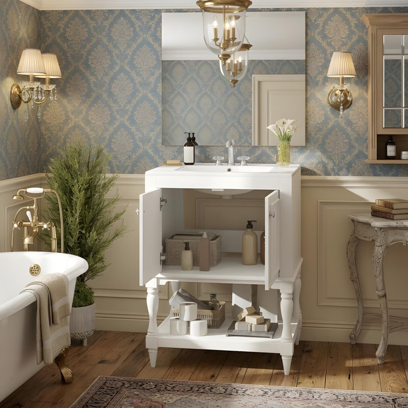 Meuble-lavabo de 24 po avec tablettes ouvertes et armoire avec portes, Blanc