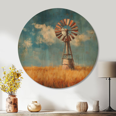 Rustic Windmill in Wheat Field - Country Round Wood Wall Decor