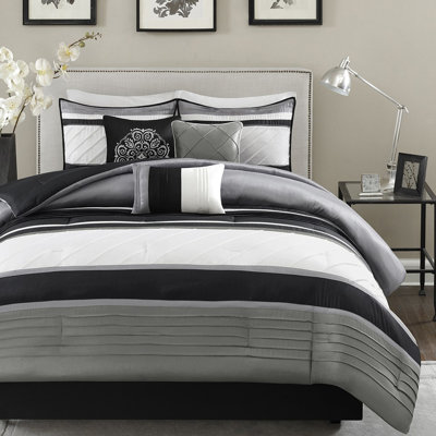 Édredon 7 pièces gris pour très grand lit - rembourré de style traditionnel avec édredon, taies décoratives et coussins décoratifs