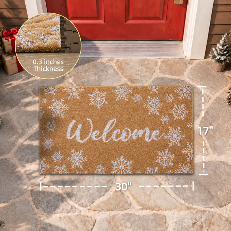 Tapis de porte de Noël, tapis de bienvenue flocons de neige pour porte d'entrée, 43 x 76 cm, Brun et blanc, 17 po x 30 po