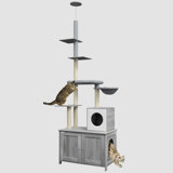 Cat Tree With Litter Box Enclosure, 2 In 1 Floor To Ceiling Cat Tower Litter Box Furniture With Condo, Bed, Hammock, Scratching Posts, And Platforms For Indoor Use, Grey