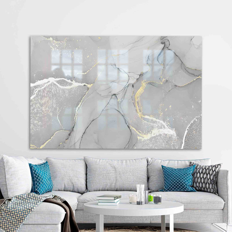 Art abstrait en verre gris et doré pour décoration murale avec une touche de marbre, H 47,2 po x l 70,9 po
