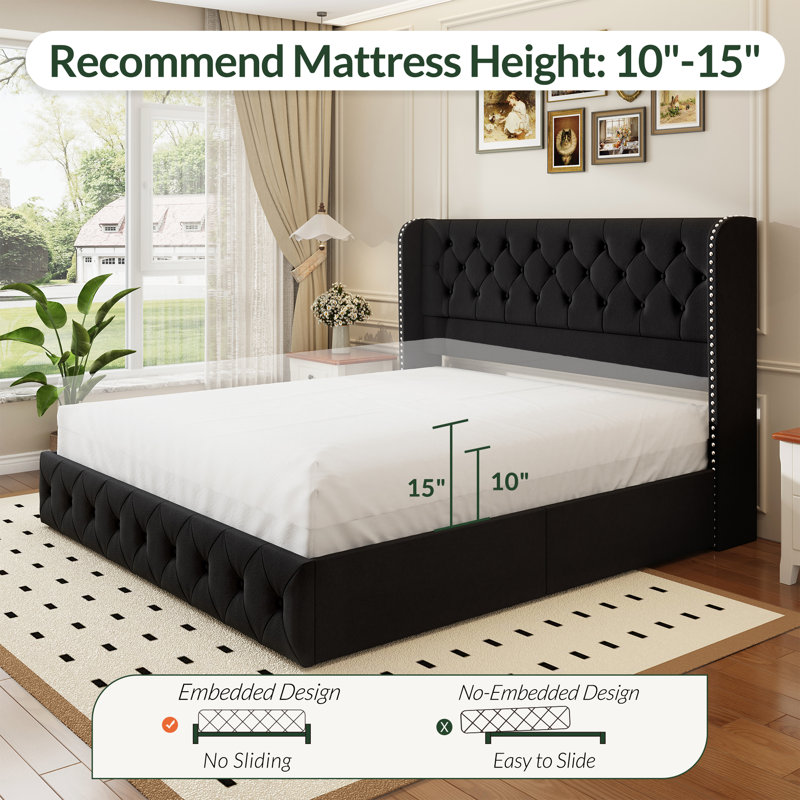 Black Upholstered King Bed, Upgrade Your Bedroom with Wingback Tufted Headboard and Large Storage Drawers, Black