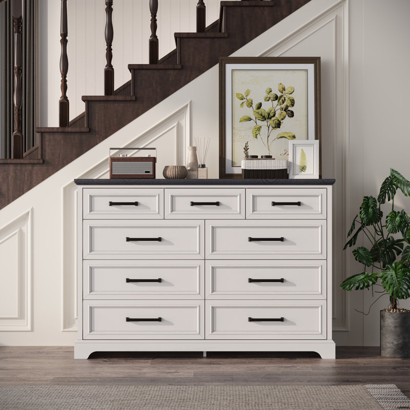 Farmhouse 9 Drawer Dresser, 36" Tall Rustic Wood Chest Of Drawers With Large Drawers & Bar Handles, White/Black