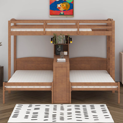 Lit superposé simple au-dessus de simple et simple avec bureau et tablettes de rangement, cadre de lit superposé triple en bois peu encombrant avec éclairage DEL