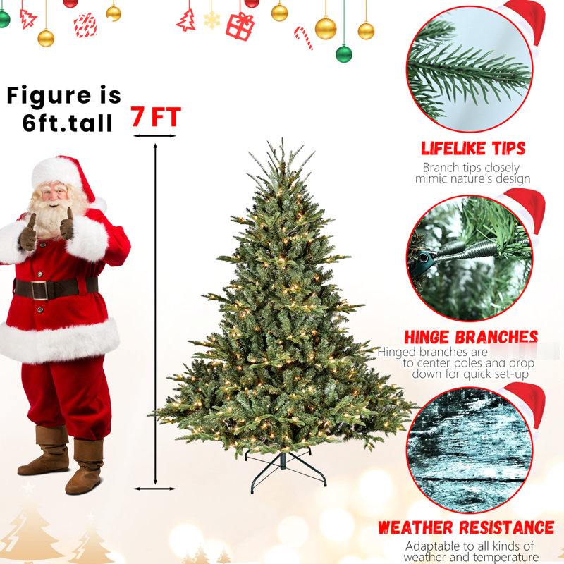 Arbre de Noël de 7,5 pi avec 850 lumières UL, 2441 pointes réalistes, base large pour des espaces spacieux, une structure à charnières à installation rapide,