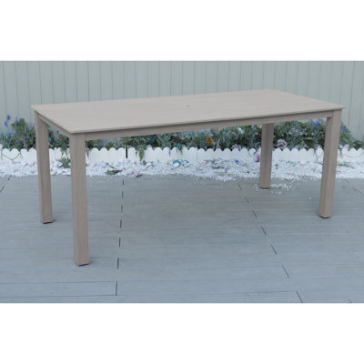 A Wooden-Textured Imitation Wood Dining Table, Simple Yet With A High Quality Feel. It Has A Small Tabletop And Is  For Outdoor Picnics. Light Gray Color, 68.9 Inches Long.