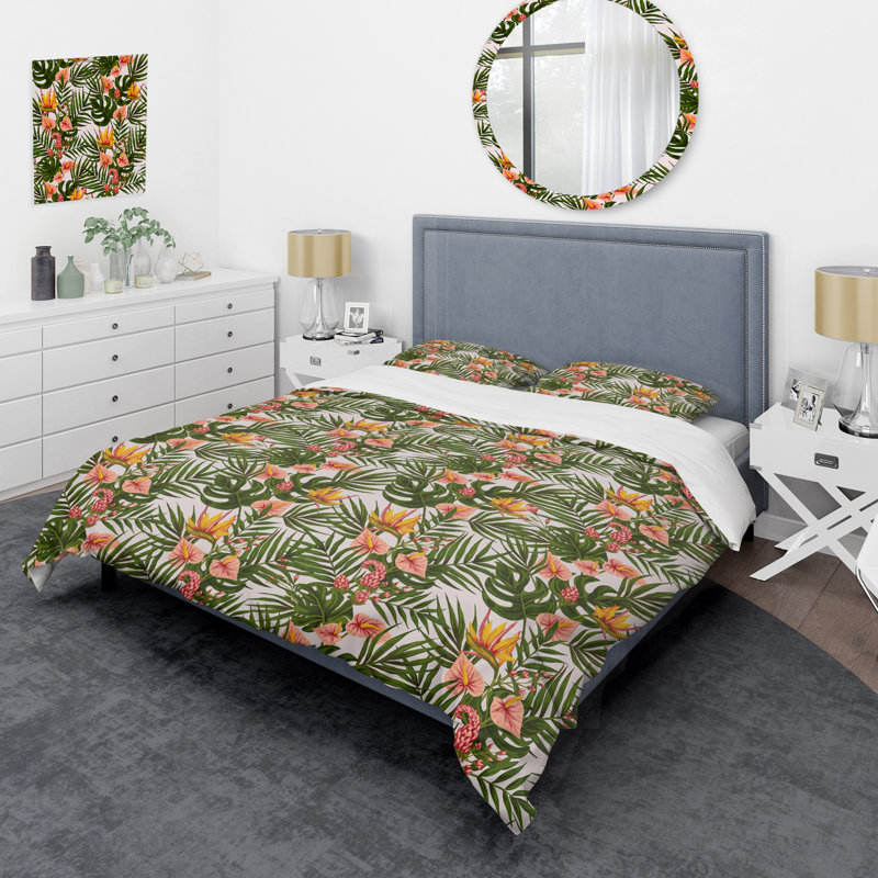 Herbs And Tropical Leaves II Polyester Floral Duvet Cover, King Duvet Cover + 2 King Shams