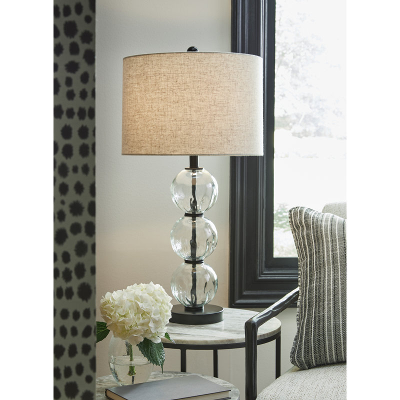 Black Glass and Metal Table Lamp Set with Drum Shade