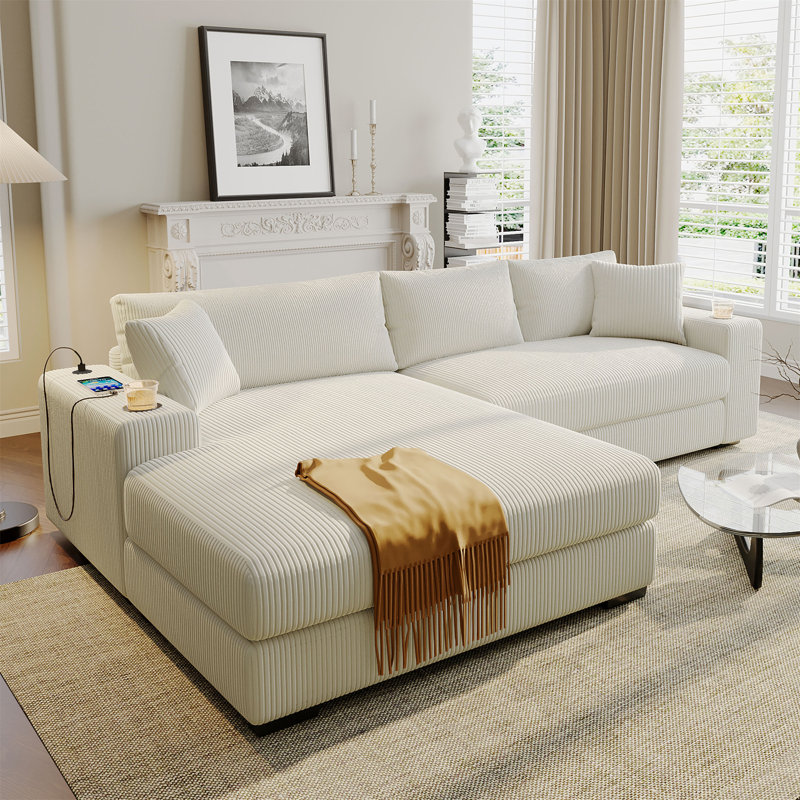 Grand canapé modulaire Mirod avec coussins épais, porte-gobelets et ports de charge intégrés, Velours côtelé beige