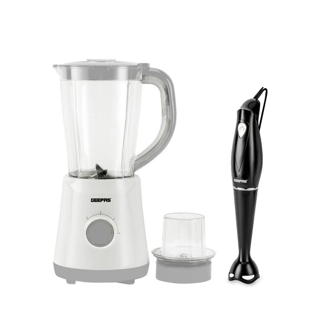 GEEPAS 500W Electric Jug Blender and 180W Hand Blender Combo set, Stainless Steel Blades, 2 Speed with Pulse Function, 1.5L Jar Coffee Grinder Mill, F