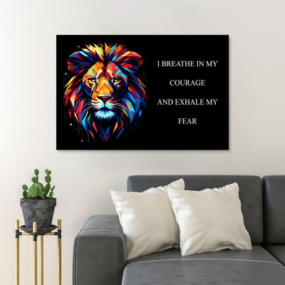 Lion - Breath In Courage, Exhale Fear Gallery Wrapped Canvas - Animal Motivational Décor, Red And Dark Blue Home Décor