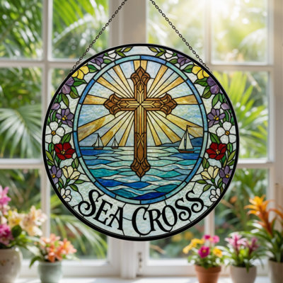 7.8"H Sea Cross Stained Glass Window Panel