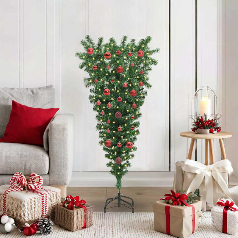 vidaXL Upside-down Artificial Pre-lit Christmas Tree with Ball Set, 3.94 ft