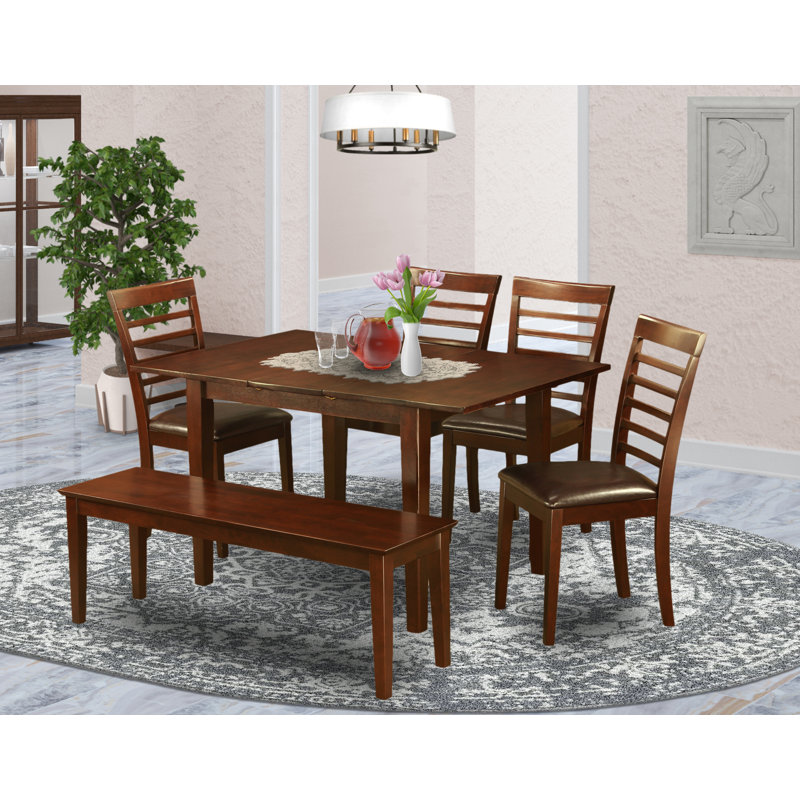 6 Piece Dining Table Set Contains a Rectangle Dining Room Table with Butterfly Leaf and 4 Faux Leather Chairs with a Bench, Mahogany